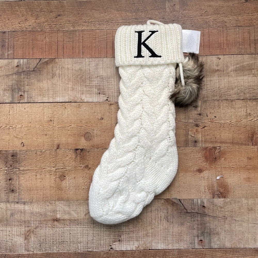 Knit Cream Faux fur Pom Poms Stocking Embroidered K NEW with Tags